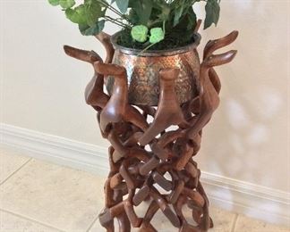 Intricate Wood Carved Dogs Plant Stand, 27" H.