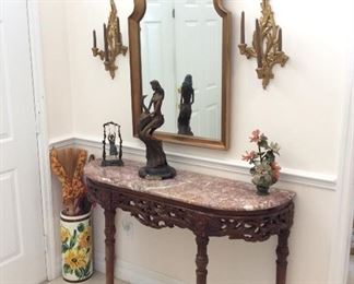 Entry Table, 47" W x 32" H x 15 1/2" D. Mirror, 44" H. Augustus Moreau Bronze Statue, 10" H. Lady with Peacock Bronze Statue by Chiparus, 19 1/2" H. 