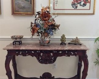 Ornate Marble Top Table, 50" W x 32" H x 16 1/2" D.