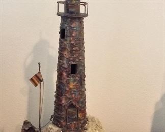 Metal Lighthouse on Stone, 17" H.