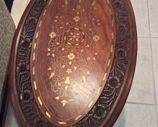 Carved Wooden Side Table with Inlay