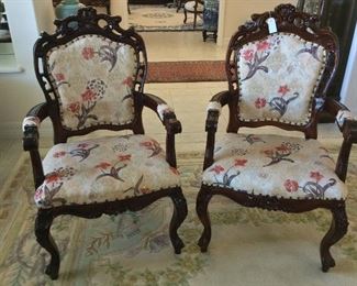 Carved Upholstered Mahogany Arm Chairs. 