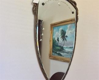 Antique Etched Shield Mirror, 31" H.
