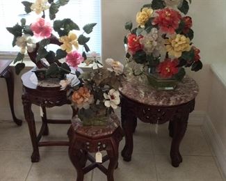 Carved Mahogany Tables with Pink Marble Tops. 