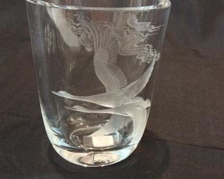 Etched Glass of Cranes, Signed, 6" H. 