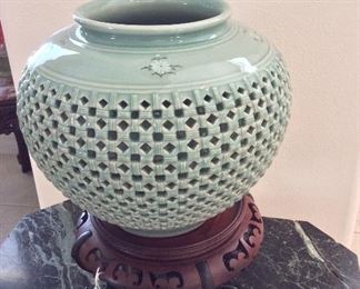 Korean Celadon Reticulated Urn, 8" H on Wood Stand, 4 1/2" H. 