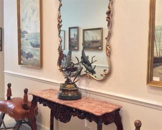 Antique Hand Carved Mahogany Table with Pink Marble Top, 50" W x 32" H x 16 1/2" D. 