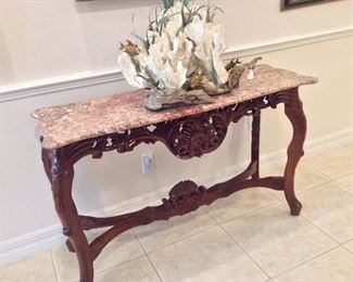 Carved Console Table with Pink Marble Top, 50" W x 32" H x 16" D. 