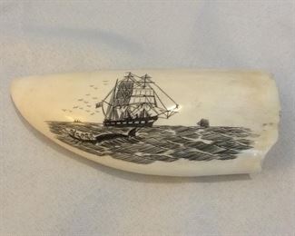 Scrimshaw Carved Whale Tooth, 5" L. 