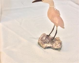 Pink Quartz Carved Bird on Geode, 8" H. 