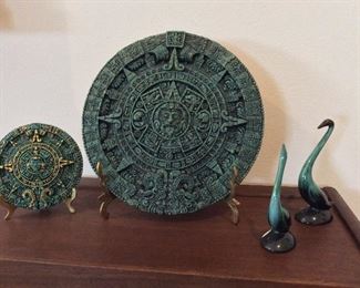 Mayan Calendar, 5 1/4" diameter. 11" diameter. Carved Stone Birds, 5 1/2" and 6" H.