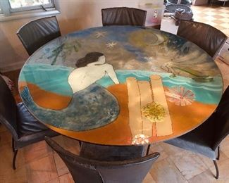 Reverse painted glass top and steel round dining table. Custom made 57in. in diameter with 6 Italian leather chairs. 
