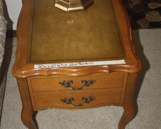 LEATHER INSERT  I DRAWER LAMP TABLE  20 X 25 D X 22 TALL $40  EXCELLENT CONDITION