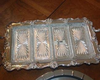 4 DIVIED SERVER GLASS INSERTS ON SILVER PLATED TRAY $8