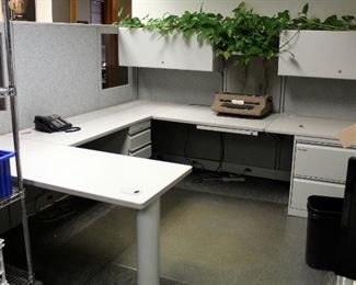 Complete Hon Cubicle Workstation Including 2 Drawer Horizontal Filing Cabinet, Lighted Overhead Storage Cabinets And Return - 62.5" x 108" x 108"