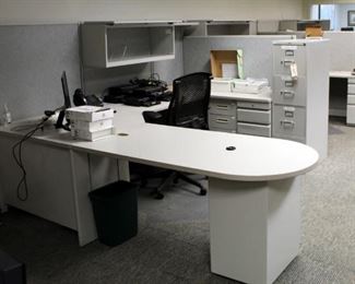 Hon L-Shaped Cubicles, Qty 3, Each Includes 5 Storage Drawers And Lighted Overhead Storage Cabinets, Currently Wired For Electric