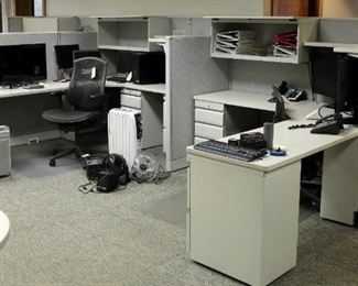 Hon L-Shaped Cubicles, Qty 3, Each Includes 5 Storage Drawers And Lighted Overhead Storage Cabinets, Currently Wired For Electric