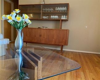 MCM Beveled Glass Top Coffee Table with Teak Wood Base - MCM Sideboard / Hutch by SIBAST Furniture Made in Denmark