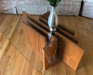 MCM Beveled Glass Top Coffee Table with Teak Wood Base