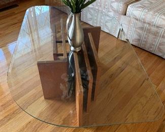 MCM Beveled Glass Top Coffee Table with Teak Wood Base