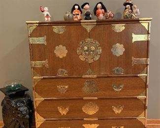 Ornate Oriental Teak Hutch with Brass Accents