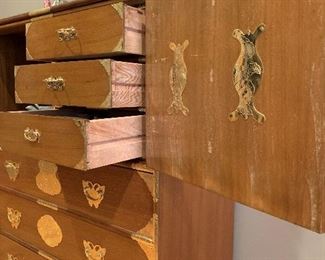 Ornate Oriental Teak Hutch with Brass Accents