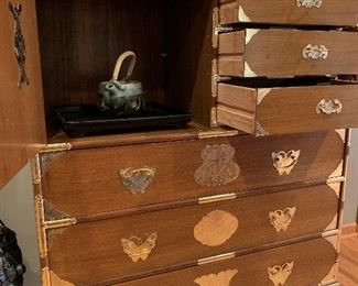 Ornate Oriental Teak Hutch with Brass Accents