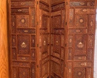 Intricate Hand Carved Teak Screen with Bone and Brass Inlay