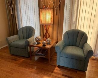 Mid Century Modern Danish Adrian Pearsall Modeline Walnut Lamp Sitting on MCM Signed Heritage Two Tier Cane Shelf Walnut Side Table