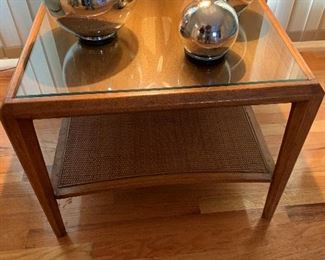 MCM Signed Heritage Two Tier Cane Shelf Walnut Side Table