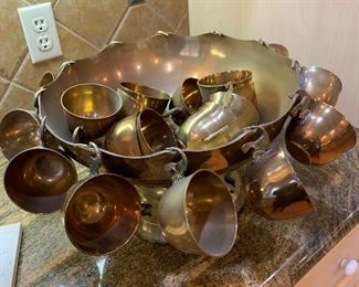 Brass Punch Bowl with Matching Cups