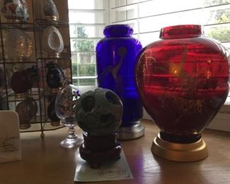 Carved Jade Family Ball - Sphere, Erte Applause Ruby Red Glass Vase by Franklin Mint 1990, Erte Fireflies Cobalt Blue Glass Vase by Franklin Mint 1988