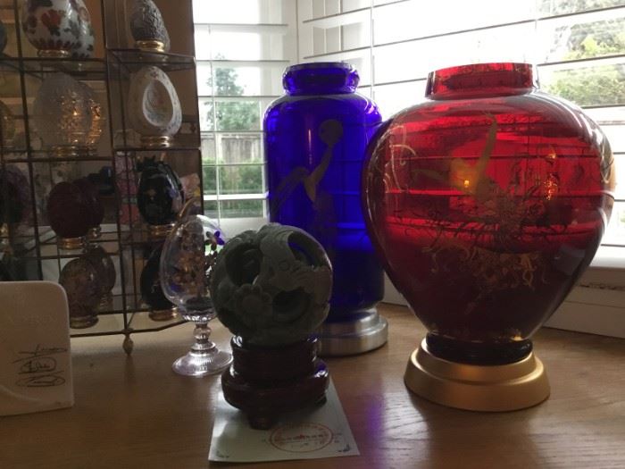 Carved Jade Family Ball - Sphere, Erte Applause Ruby Red Glass Vase by Franklin Mint 1990, Erte Fireflies Cobalt Blue Glass Vase by Franklin Mint 1988