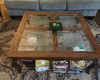 Oak Coffee table leaded glass top.