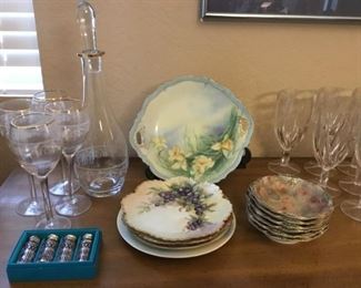 Wine Decanter and Stemware set, Hand painted plates.