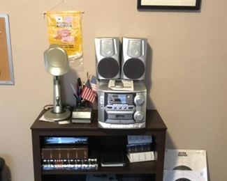 Flourescent Portable Luminaire Lamp, Electro Brand AM/FM Stereo, Single Cassette Top Loading 3 CD Changer. Bookcase.