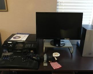 Advantage MPC/USB Kinesis Keyboard, Brother Printer LC71, HP Pavilion Desktop 595-P0074, ASUS HDMI 24 in LED Monitor.