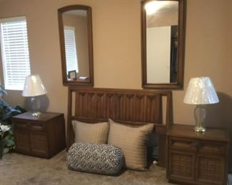 Queen Headboard, Matching Night Stands, 2 Dresser Mirrors, Lamps, Throw Pillows