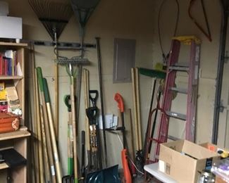 Yard Tools (Rakes, Hoes, Shovels, Hedge Hog Trimmer, Post Hole Digger) Brooms, Ladder, Hand Truck.