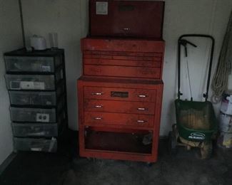 Misc items in plastic storage bin draswers. Empty Tool Chest, Scott spreader
