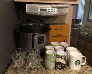 Sony Under-Cabinet  Radio, Instant Pot, Air Fryer Accessories,  4 Anchor Hocking Sherbets, Mugs