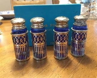 4 FB Rogers  Cobalt Blue Salt and Pepper Shakers with  Silver Plated Jackets.