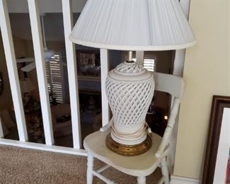 OLD CHILD'S CHAIR & WHITE LAMP