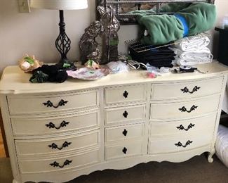 White Dresser part of the bedroom set, with chest of drawers, night stand, bed frame Queen and mirror