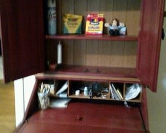 reproduction secretary slant top open, and cupboard doors