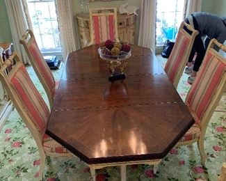 Dining room table with six upholstered chairs in good condition.  Table Dimensions 82.5" x 42" x 29.5"h.  Chair dimensions 22"w x 44"h x 18"d. Set Price $1200