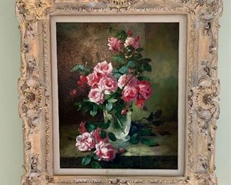 Floral painting - oil on canvas in great condition.  Dimensions 29.5" x 33" framed.  Price $1200 