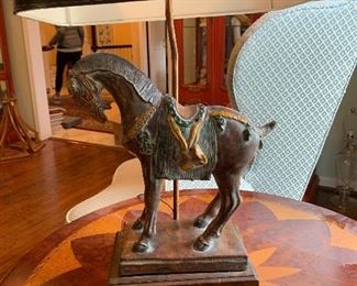 Horse lamp with black shade in great condition - 2' tall.  Price $150
