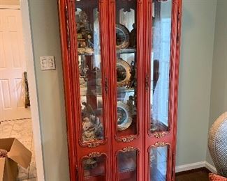 Red curio cabinets (2) in good condition.  Dimensions 6'7"h x 3' w x 16"d.  Price each $295