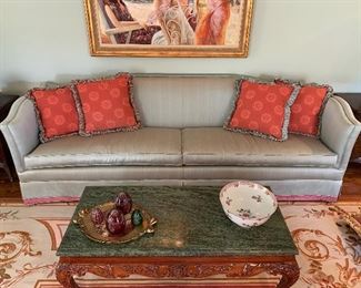 Living room sofa upholstered in silk fabric - great condition.  Dimensions 8'9" long x 2'8" wide x 2'8" high.  Price $750